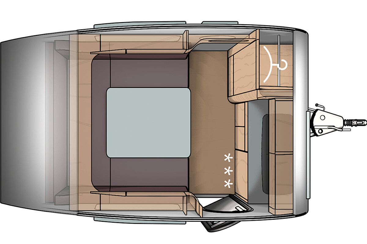 Grundriss eines Tab-Wohnwagens mit Liegefläche.